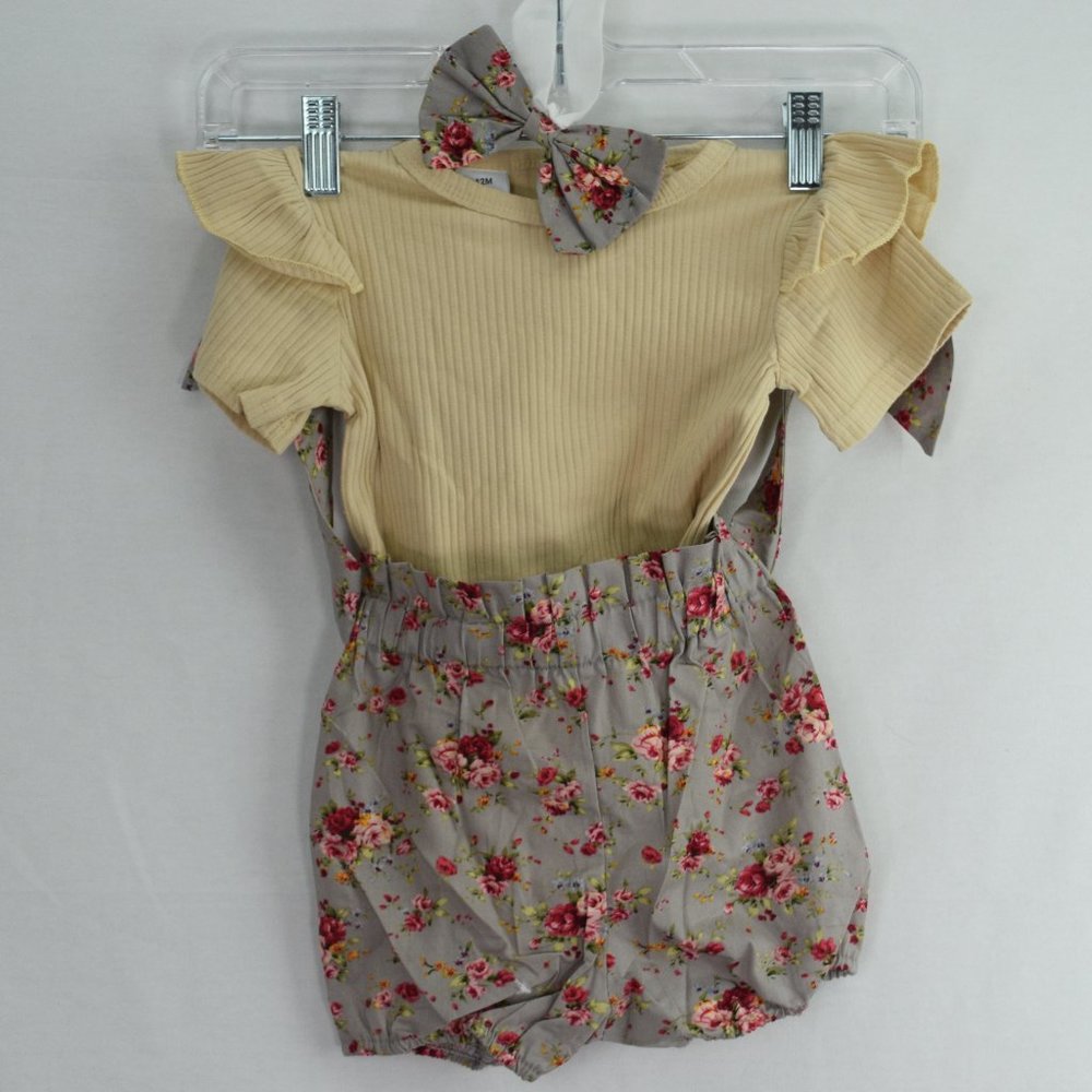 Pat Pat Brand,Solid Cream Colored Romper,Flower Print Shorts,Headband,Size 9-12M